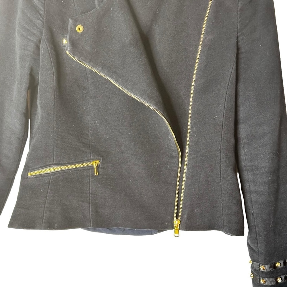 Zara Velvet Like Moto Bomber Collarless Jacket w/ Gold Zipper & Stud Detail sz M - Picture 8 of 16